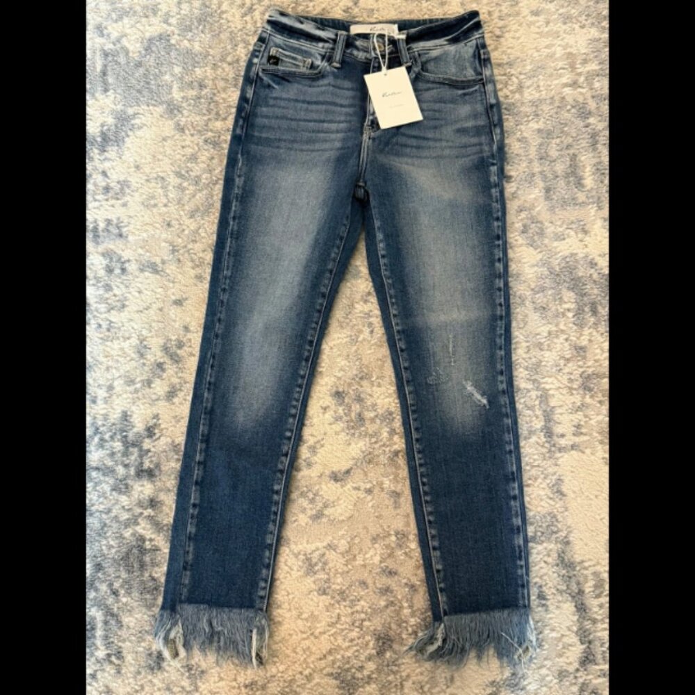 KanCan Blue Cropped Fringe Hem Jeans
